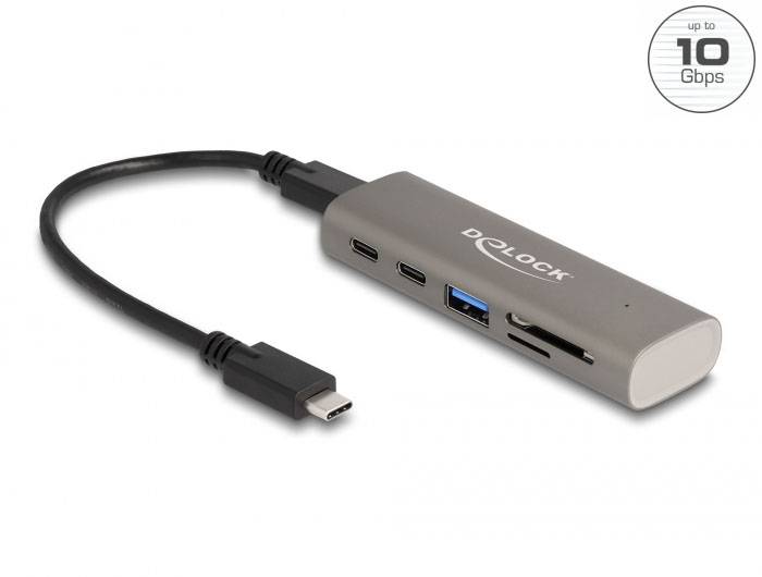 Delock 64236 Hub USB 2+1 Porta USB-A, USB-C®, SD, microSD USB 3.2 Gen2 10 GBit/s con spina USB-C Grigio 64236-1