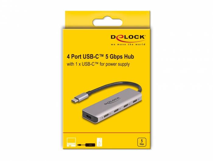Delock 64238 Hub USB 4 Porte USB-C® USB 3.2 Gen1 5 GBit/s con spina USB-C Grigio 64238-3