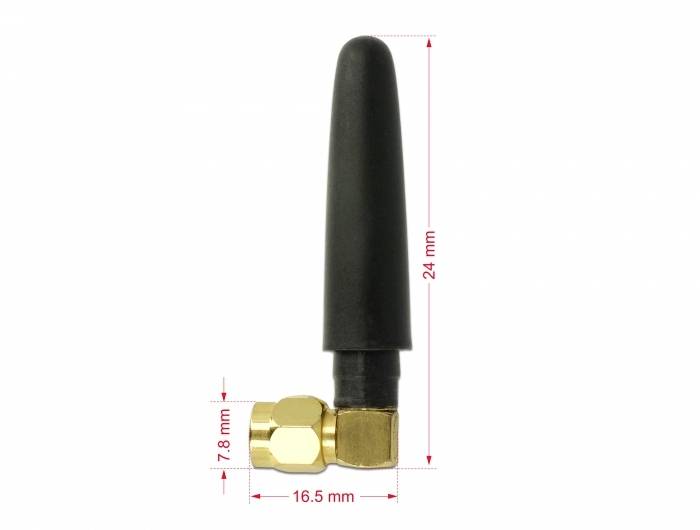 Un'antenna nera con attacco dorato. Le dimensioni sono 24 mm in altezza, 7,8 mm in larghezza e 16,5 mm in profondità.