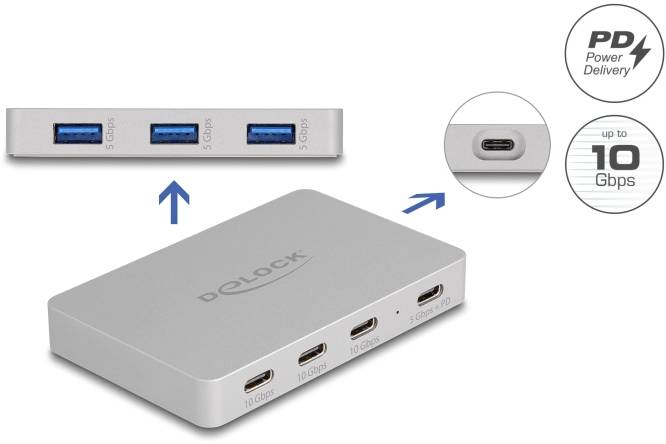Delock 64279 Hub USB 3 porte USB-A, USB-C® USB 3.2 Gen2 10 GBit/s con spina USB-C Grigio 64279-2
