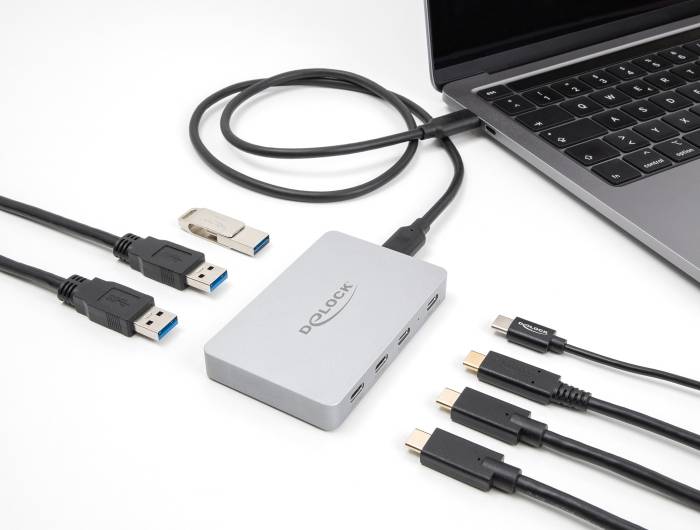 Delock 64279 Hub USB 3 porte USB-A, USB-C® USB 3.2 Gen2 10 GBit/s con spina USB-C Grigio 64279-4