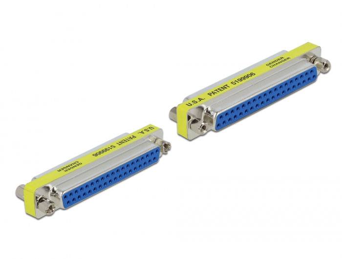 Due adattatori D-Sub, blu e gialli, con numero di brevetto USA. Collegano diversi dispositivi elettronici.