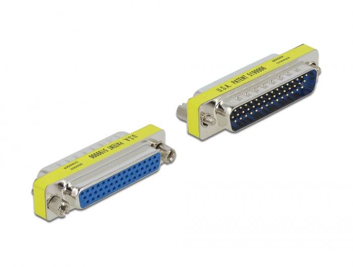 Due connettori D-Sub metallici: a sinistra femmina con fori, a destra maschio con pin. Adatti per connessioni seriali.