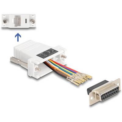 Un adattatore con un'estremità aperta mostra fili colorati che si adattano a un connettore D-Sub. Una freccia indica un connettore RJ45.