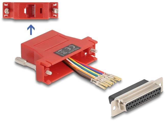 Un adattatore RJ45 rosso con cavi che conducono a un connettore DB25. Una freccia indica la connessione. Accessori elettronici.