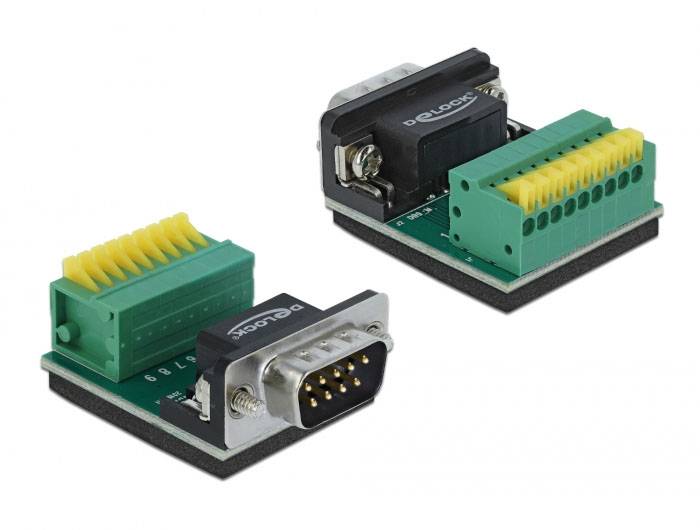 Due schede adattatore verdi con morsetti a vite e un connettore DB9, utilizzate per il collegamento di cavi in progetti elettronici.