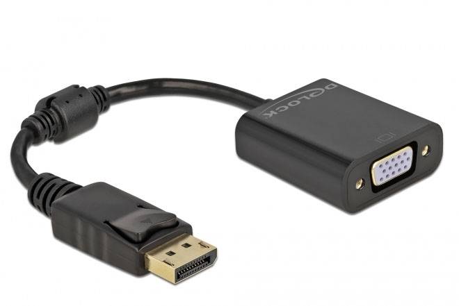 Un adattatore nero da DisplayPort a VGA con porte etichettate, idoneo per convertire segnali video digitali.