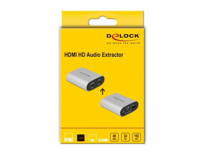 Confezione gialla di un estrattore audio HD HDMI di Delock, prodotto illustrato con connettori, indicazione 4K, 24 bit, 192 kHz.