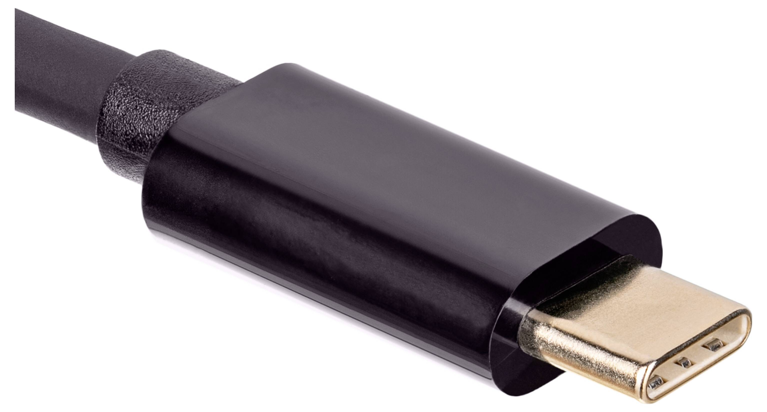 Un cavo USB-C nero con punta del connettore dorata.
