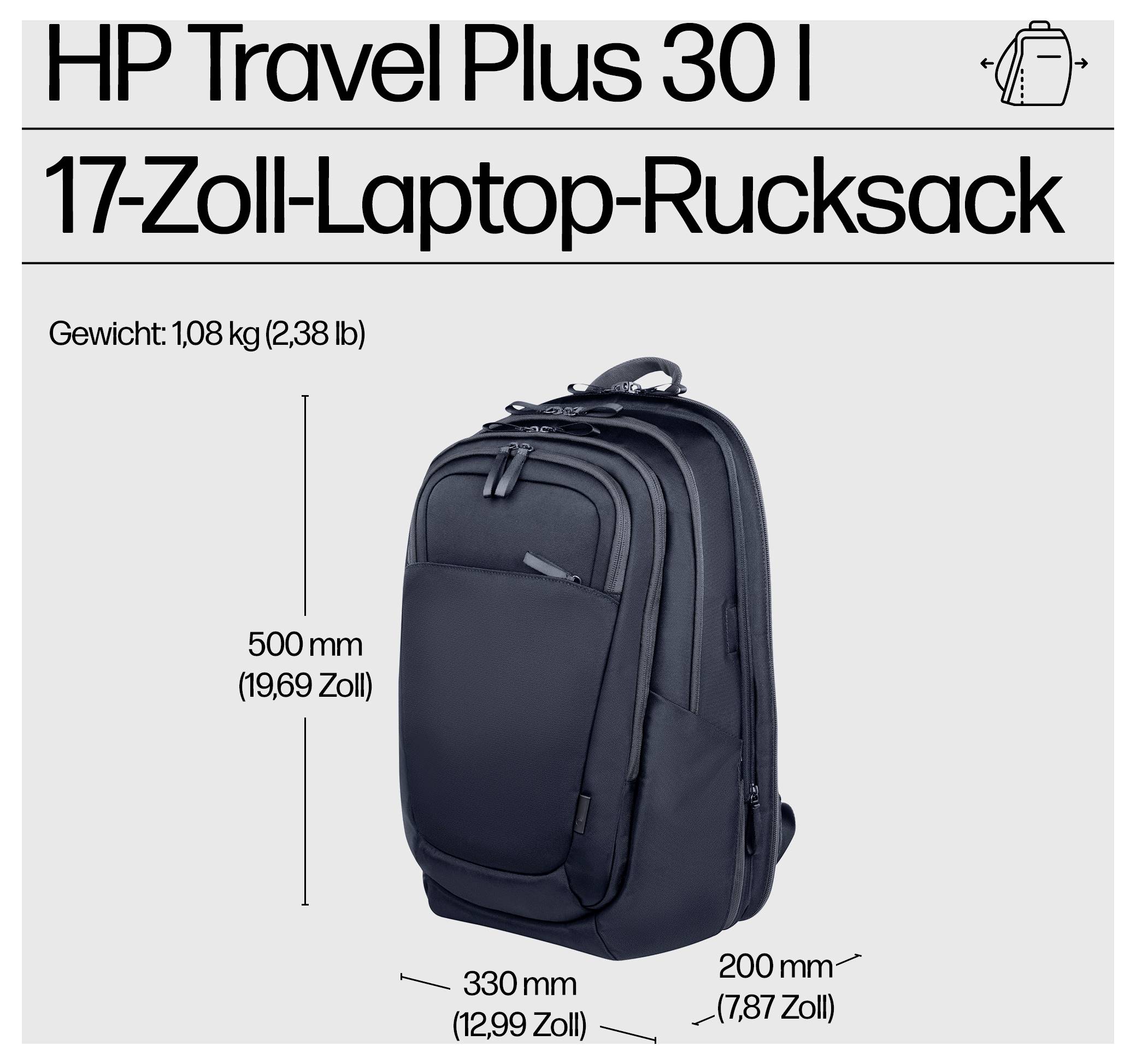 'HP Travel Plus 30 L Zaino per laptop da 17 pollici' in nero, peso 1,08 kg, dimensioni: 500 mm x 330 mm x 200 mm.