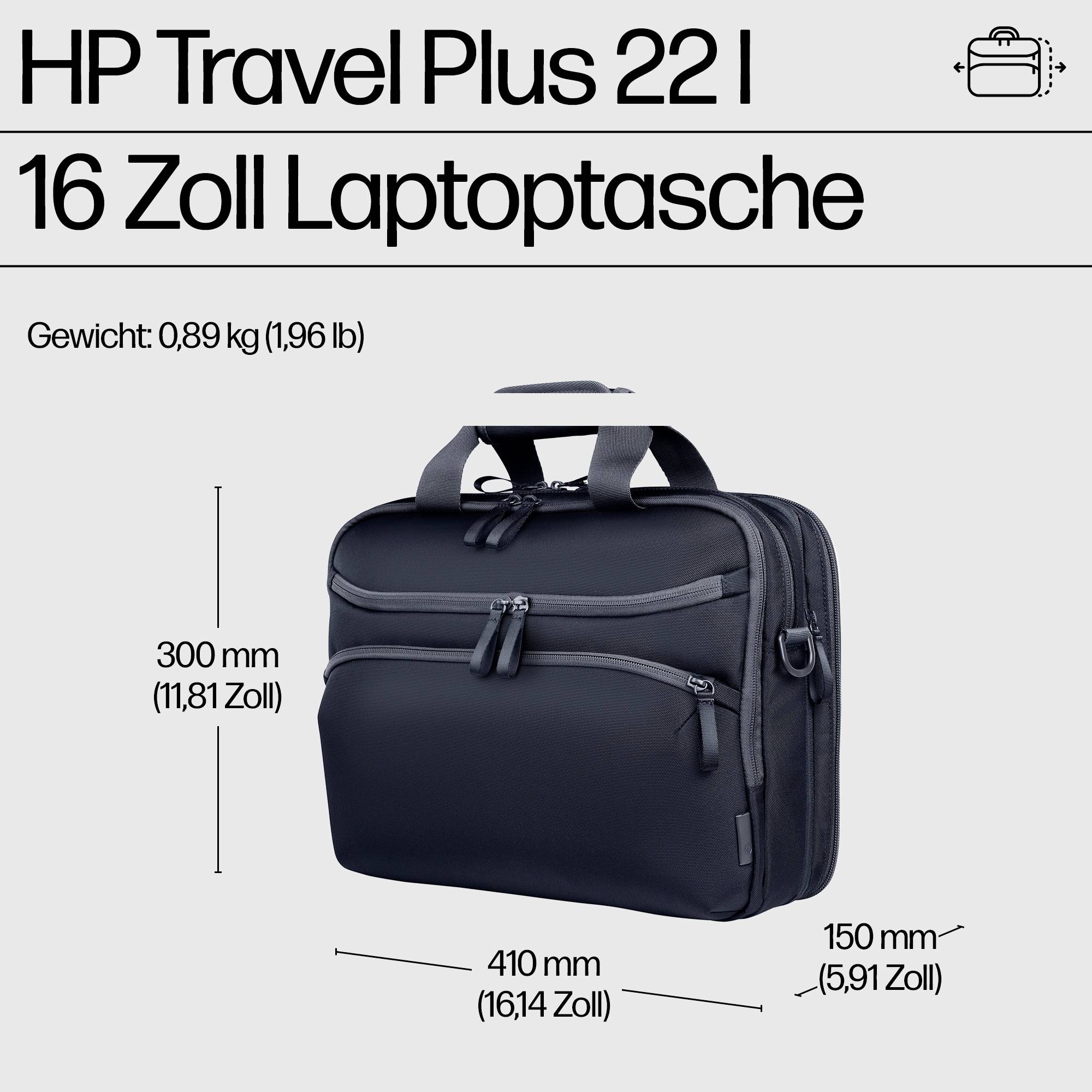 Borsa per laptop da 16 pollici, capacità di 22 litri, dimensioni: 300 x 410 x 150 mm, peso: 0,89 kg.