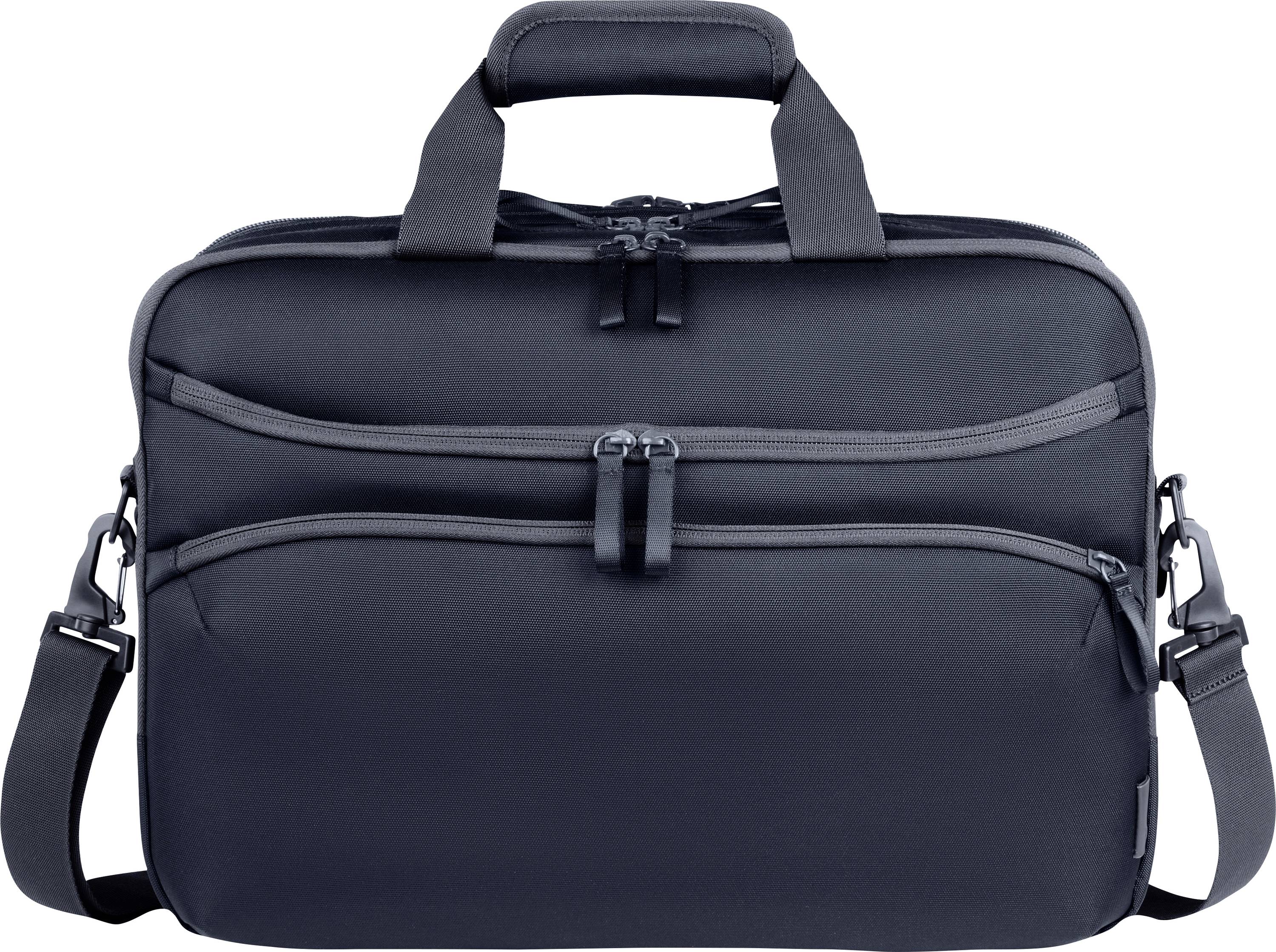 Borsa per laptop o ventiquattrore nera con due scomparti con cerniera e un manico. Tracolla removibile applicata.