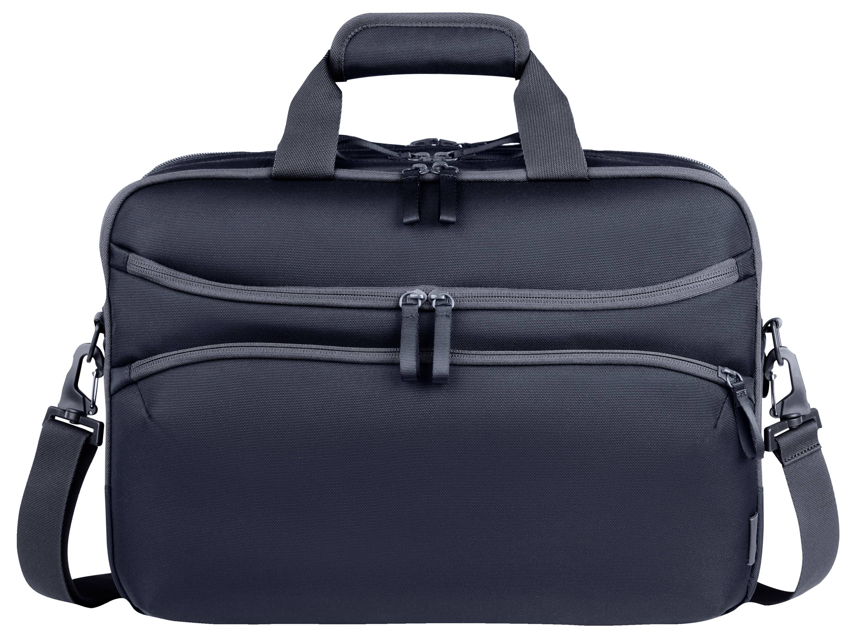 Borsa per laptop nera con due scomparti con cerniera e una tracolla removibile. Ideale per il trasporto di dispositivi elettronici.