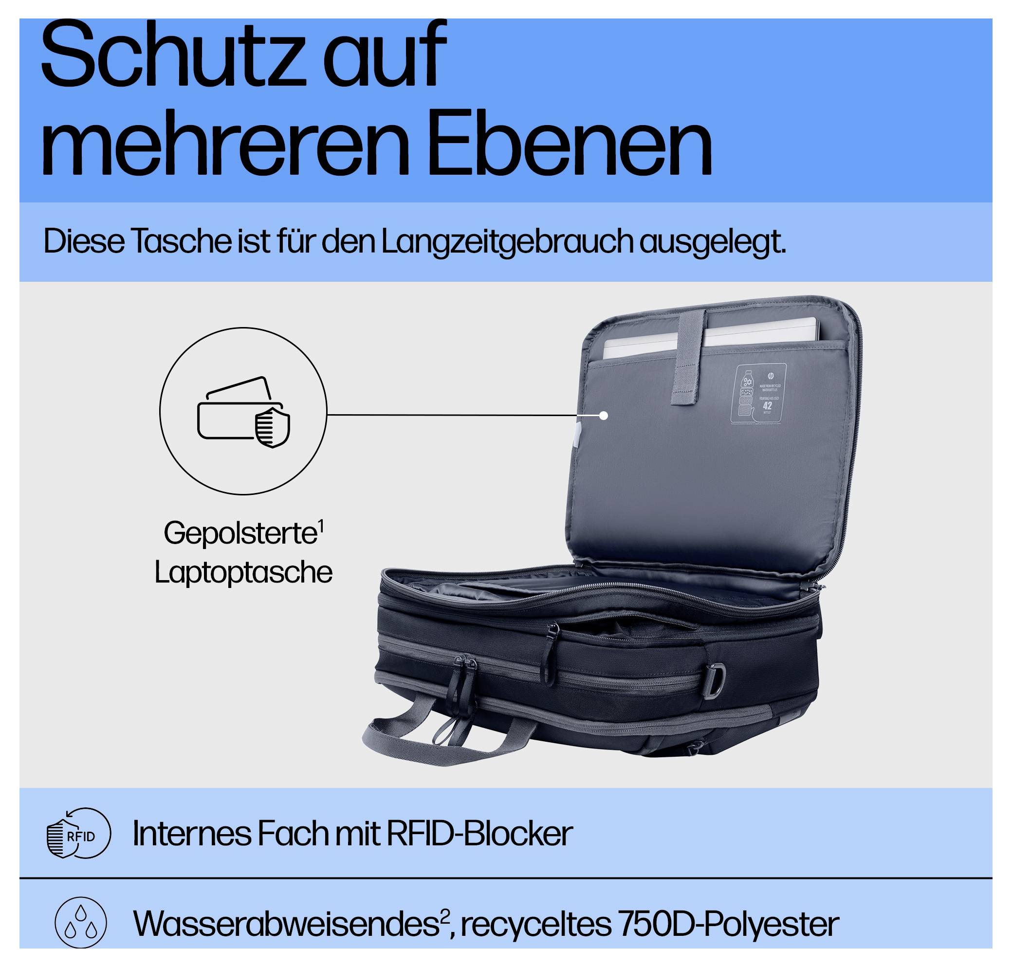 Borsa aperta con tasca imbottita per laptop e scomparto con blocco RFID, realizzata in poliestere riciclato 750D idrorepellente.