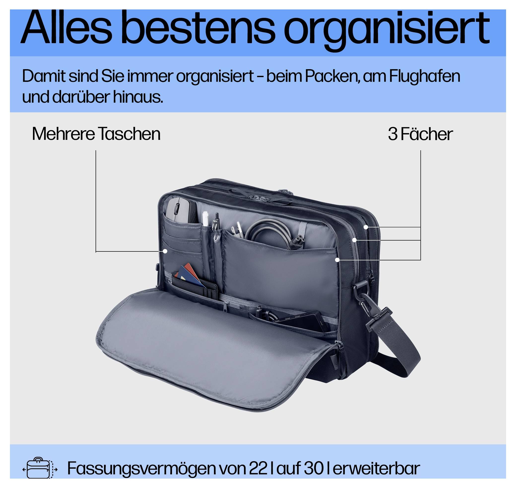 Una borsa da viaggio aperta e organizzata con più scomparti e 3 vani; ideale per viaggi, con capacità espandibile da 22 a 30 litri.