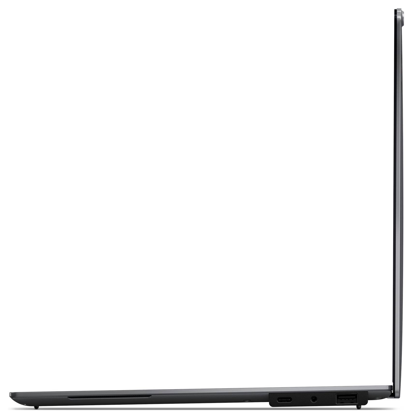 Un laptop aperto visto di lato, mostrato in profilo. Lo schermo è sottile e il laptop ha delle porte sulla sua superficie laterale.