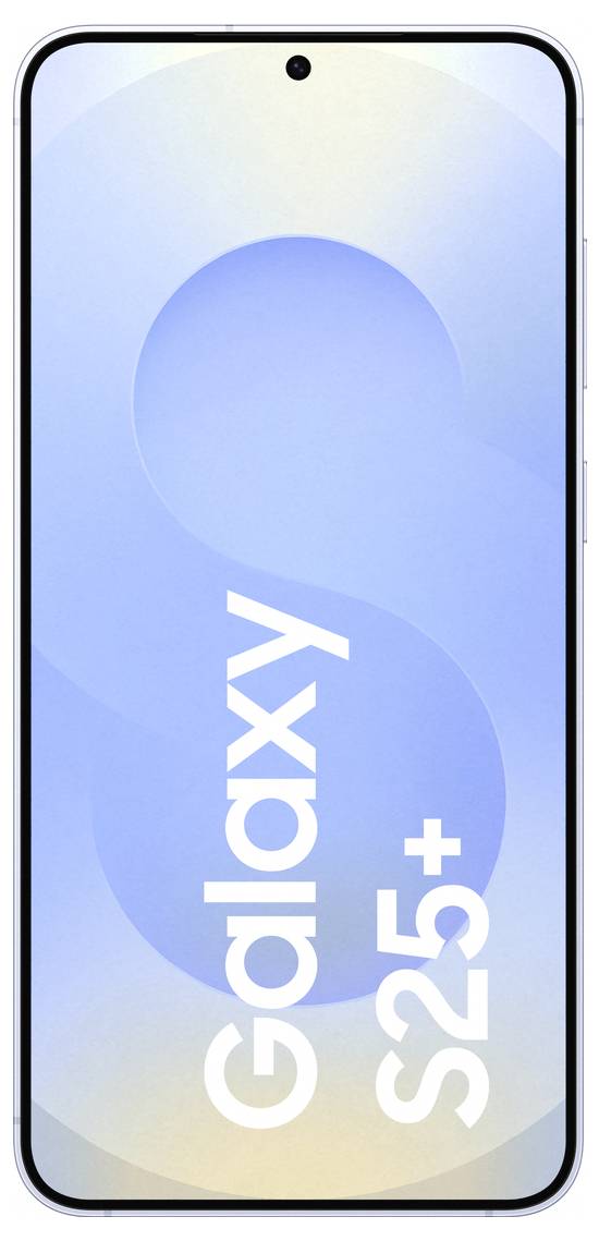 Smartphone con cornice nera, schermo che mostra uno sfondo blu e un grande testo 'Galaxy S25+'.
