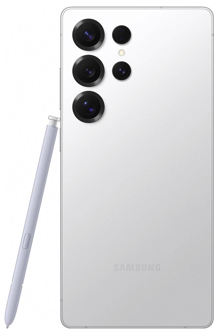 Un smartphone bianco con quattro obiettivi fotografici sul retro e uno stylus.