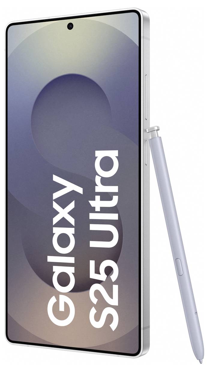 Smartphone con 'Galaxy S25 Ultra' sullo schermo e una penna sul lato, dimensioni: 7,8 pollici. Design elegante.