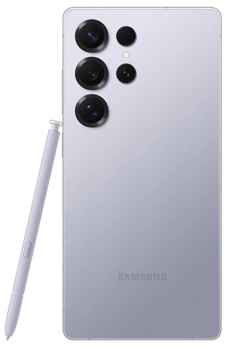 Un smartphone argentato con quattro fotocamere e uno stylus posizionato accanto.