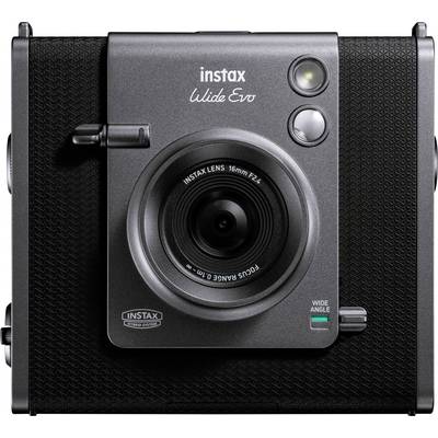 Fotocamera Instax con obiettivo grandangolare, corpo nero. Vista frontale con obiettivo, flash e comandi visibili.