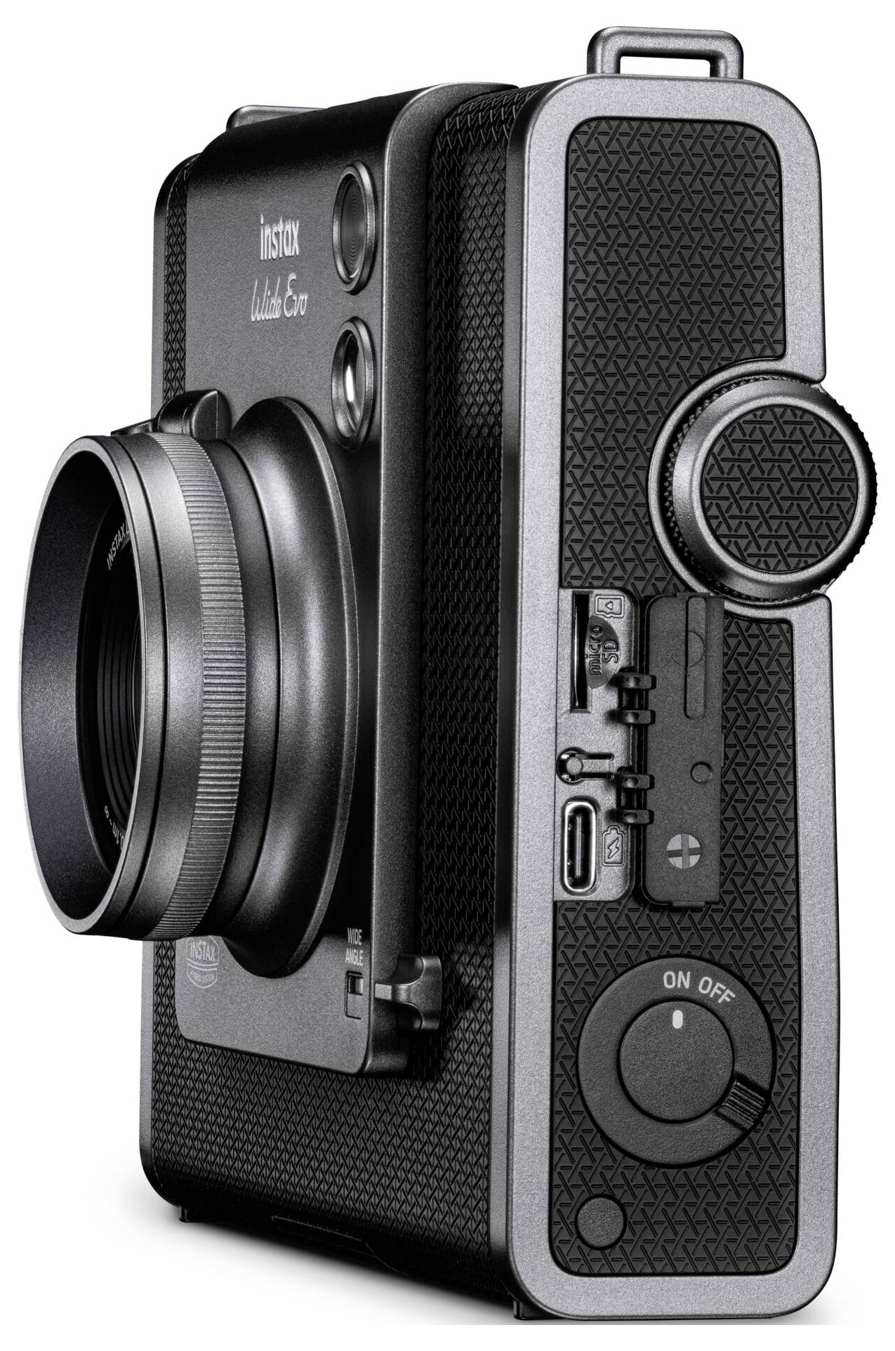 Macchina fotografica istantanea in vista laterale con grande obiettivo e diversi comandi, colore nero, design moderno.