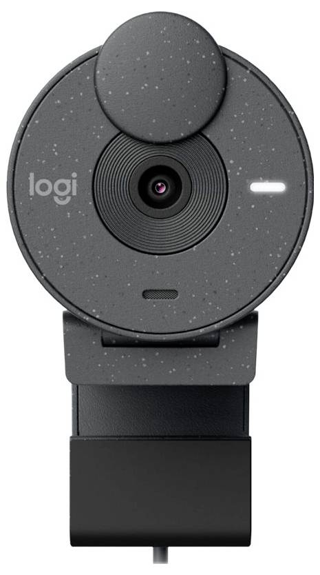 Webcam rotonda con obiettivo grandangolare, piccola e compatta. Superficie grigio scuro con minuscoli punti chiari.