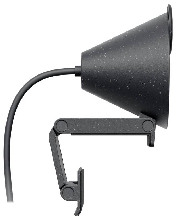 Una lampada da scrivania nera con una testa conica regolabile e un cavo sul lato sinistro.