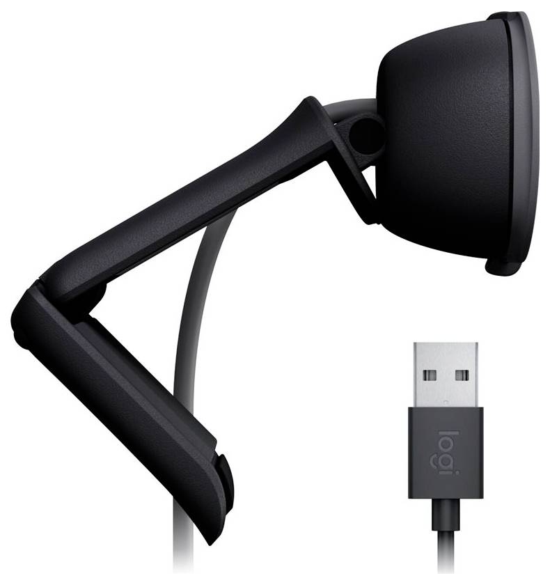 Webcam nera con braccio flessibile, vista laterale, accanto a un connettore USB.