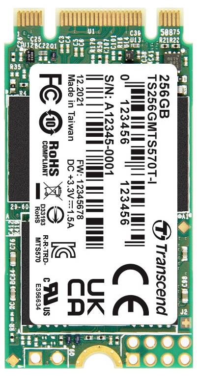 Un SSD M.2 Transcend da 256GB. L'etichetta mostra il numero di serie, il codice prodotto e i loghi di certificazione come FCC e CE.
