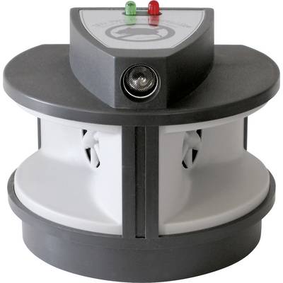 Un deterrente grigio per parassiti a ultrasuoni con due indicatori LED (rosso e verde) sulla parte superiore. Fessure di ventilazione sui lati.