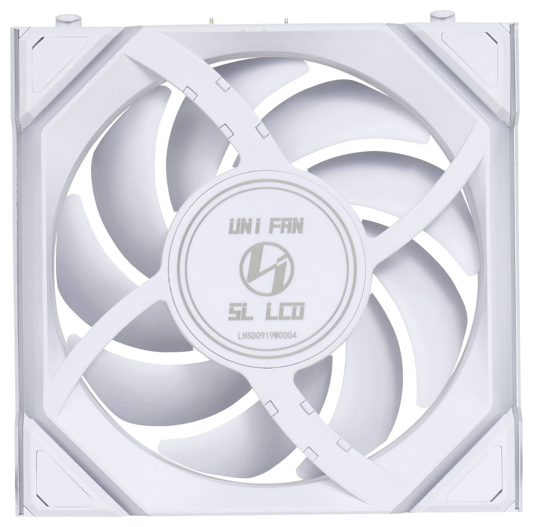 Ventola bianca per computer con più pale rotanti, logo centrale e feritoie di ventilazione, progettata per il raffreddamento di PC all'interno di case.