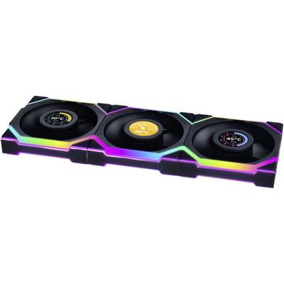 Dispositivo esterno di raffreddamento per computer con tre ventole, ciascuna con un indicatore di temperatura: 30°C, 30°C e 45°C. I ventilatori sono illuminati a LED.