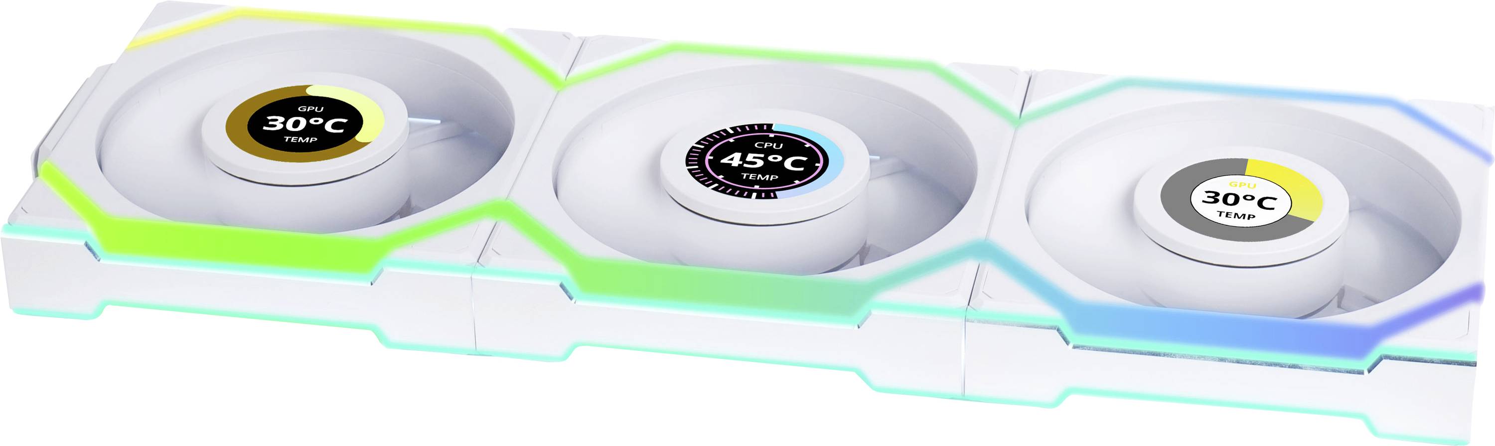 Tre ventilatori rotondi con display digitali di temperatura: a sinistra e a destra 30°C, al centro 45°C. Circondati da colori luminosi.