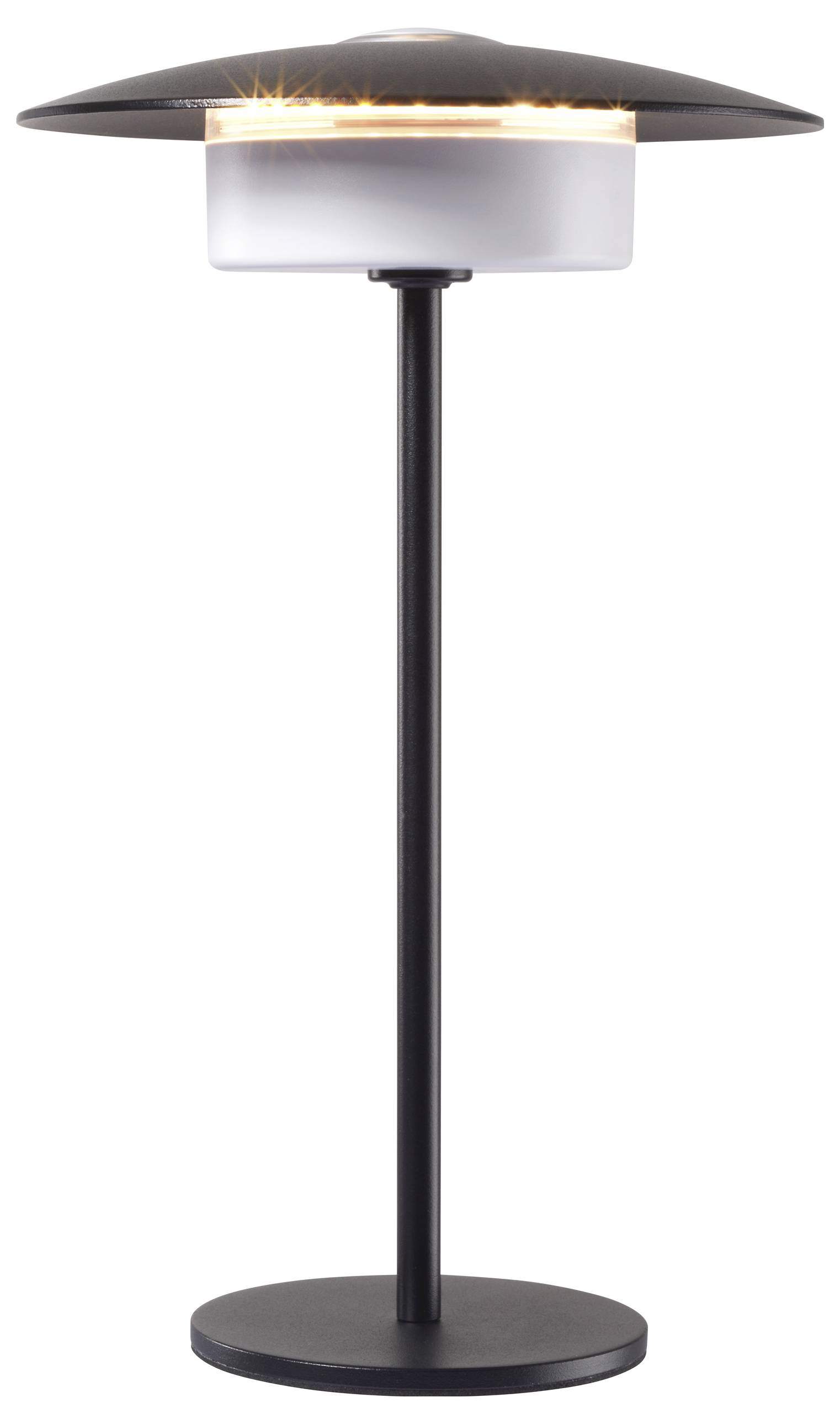 Una lampada moderna in metallo nero con base circolare e sorgente luminosa cilindrica bianca sotto un paralume nero curvo e circolare.