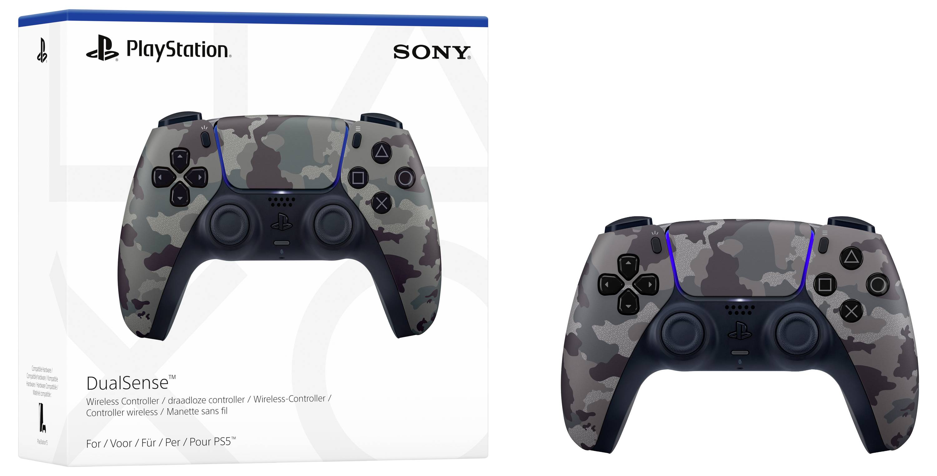 Controller wireless DualSense per PS5 in confezione mimetica con il controller adiacente.