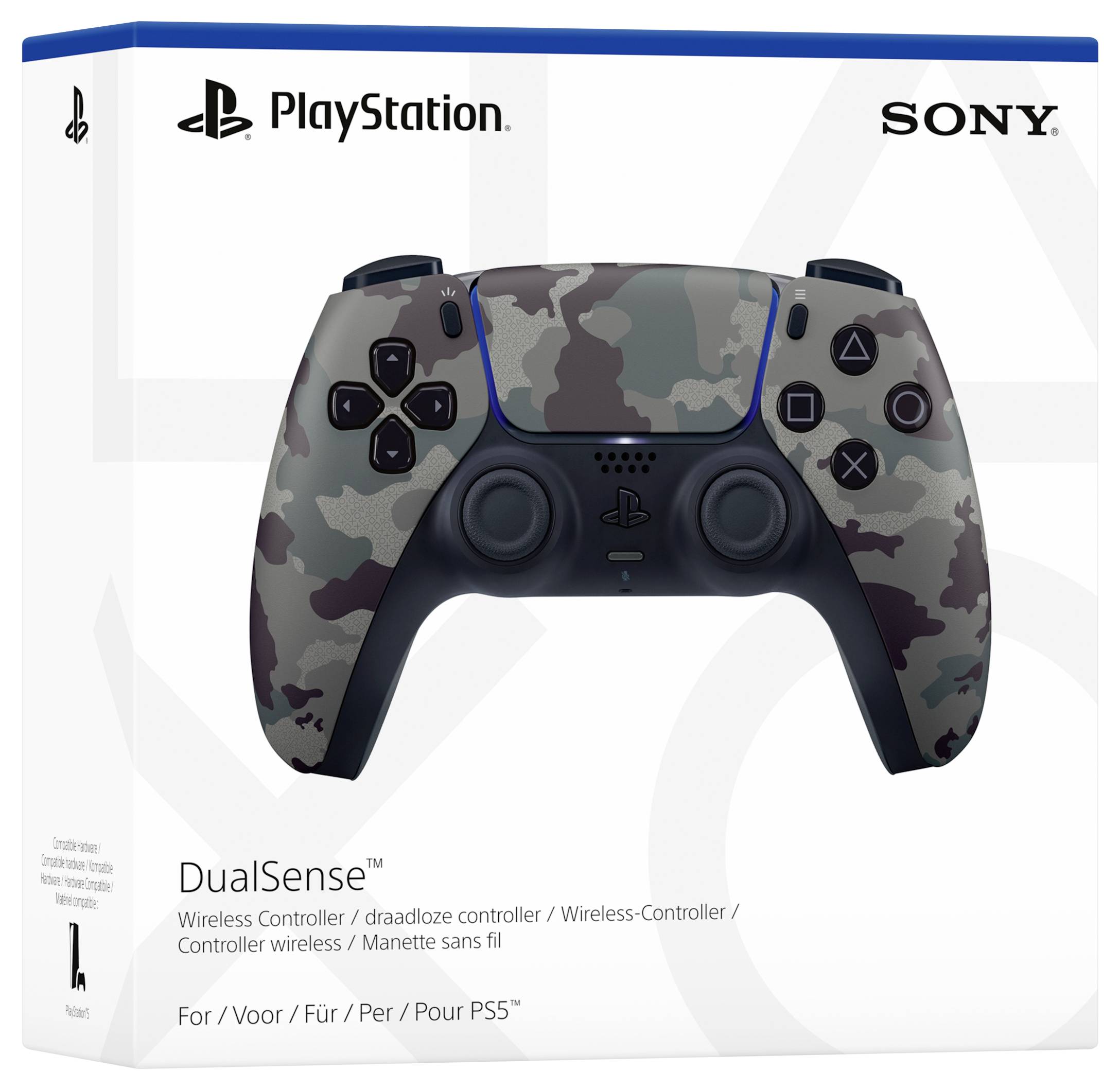 Controller DualSense wireless per PS5 con motivo mimetico nella confezione originale, con loghi PlayStation e Sony visibili.