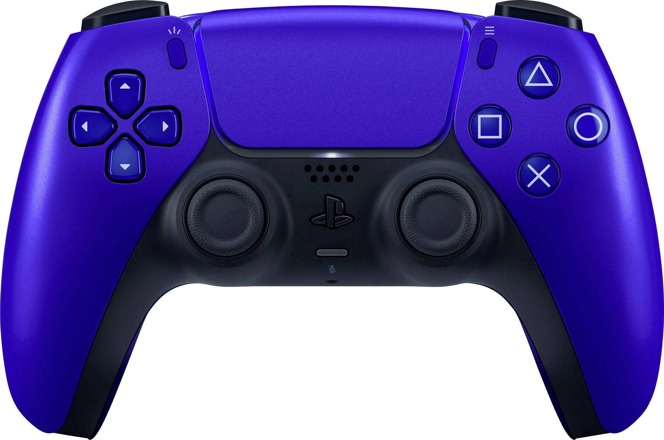 Un controller da gaming blu con doppi stick, croce direzionale e tasti di azione. Progettato per la console PlayStation.