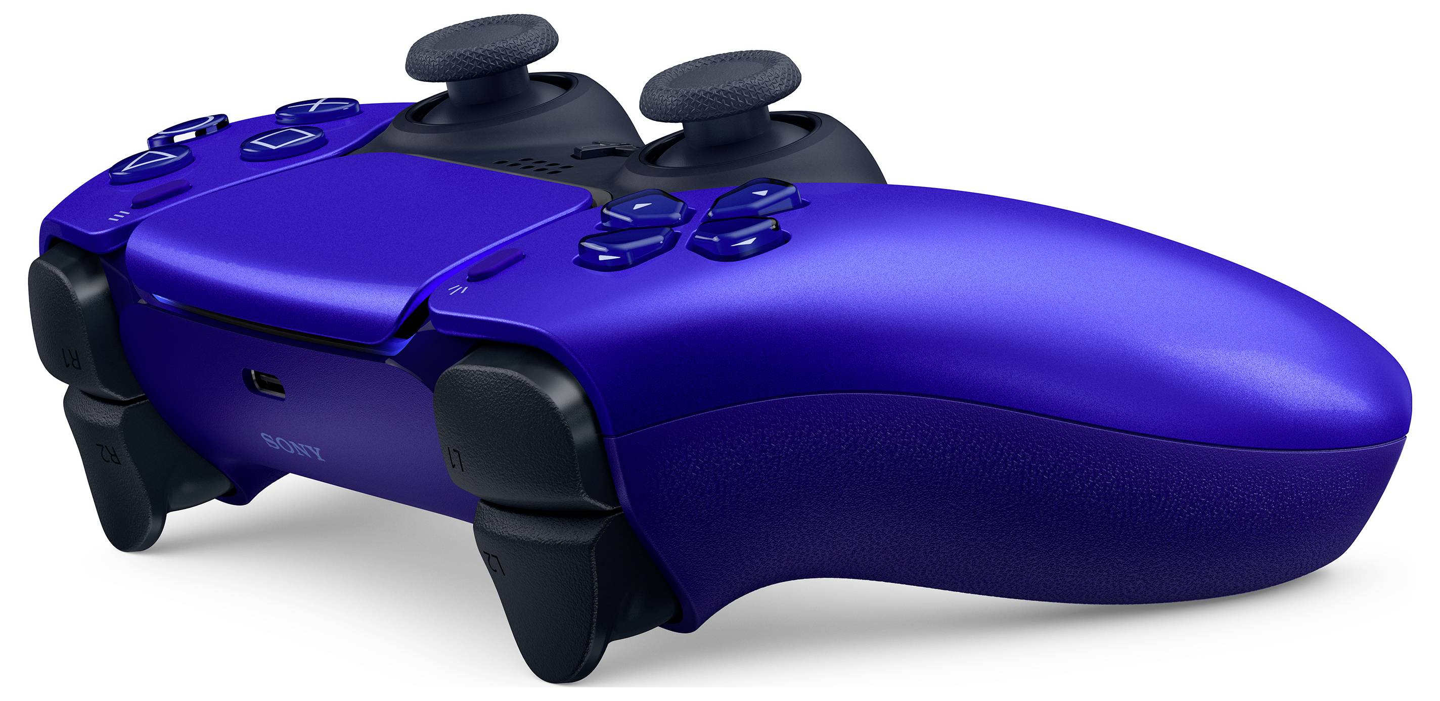 Un controller da gaming blu con tasti e impugnature neri. Poggia su una superficie, con tasti e joystick visibili.