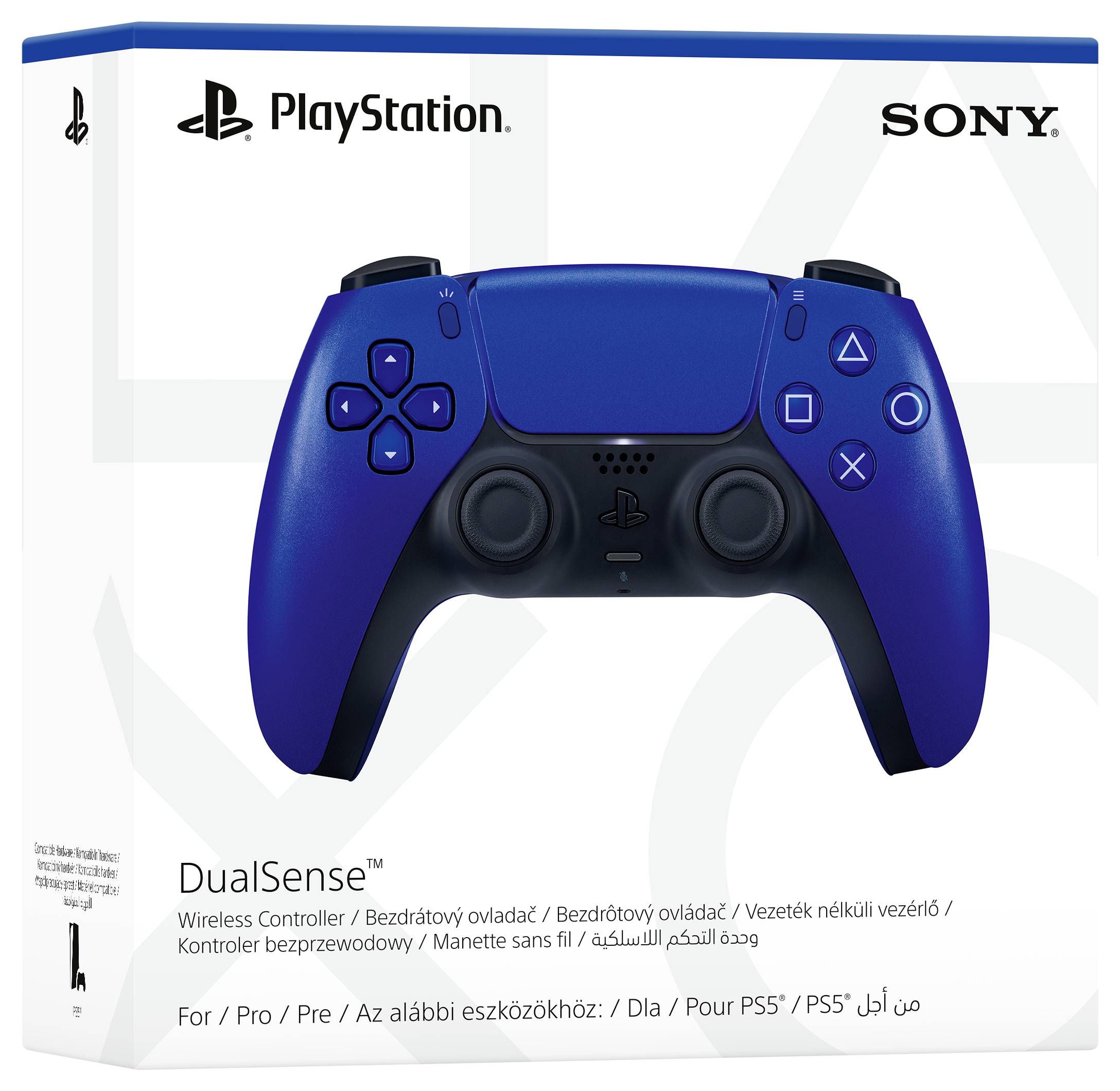 Controller wireless DualSense PlayStation in blu davanti a un imballaggio bianco con i loghi PlayStation e Sony. Compatibile con PS5.