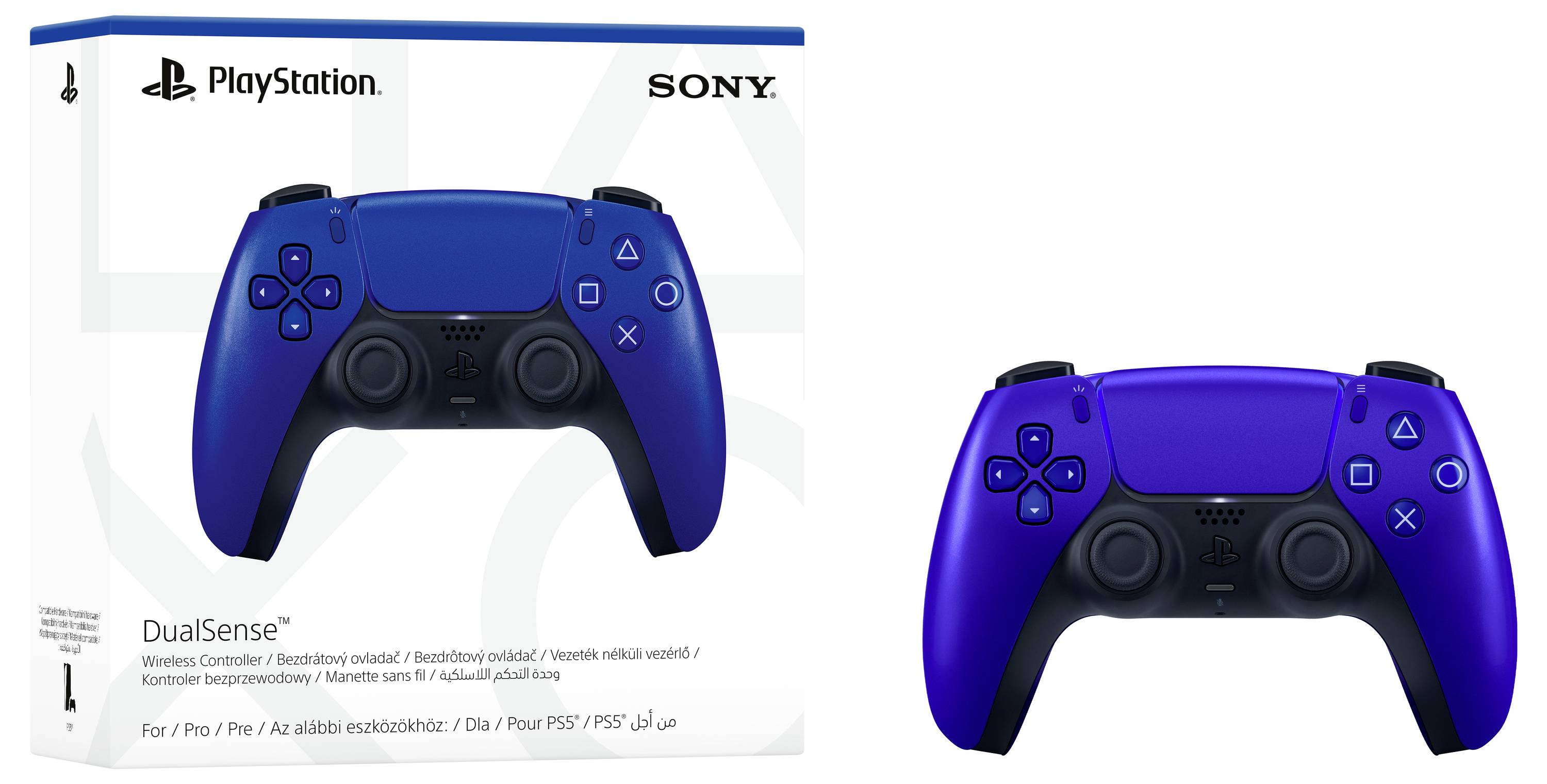 Un controller DualSense blu per PlayStation con confezione. La confezione mostra il logo PlayStation e il logo Sony.