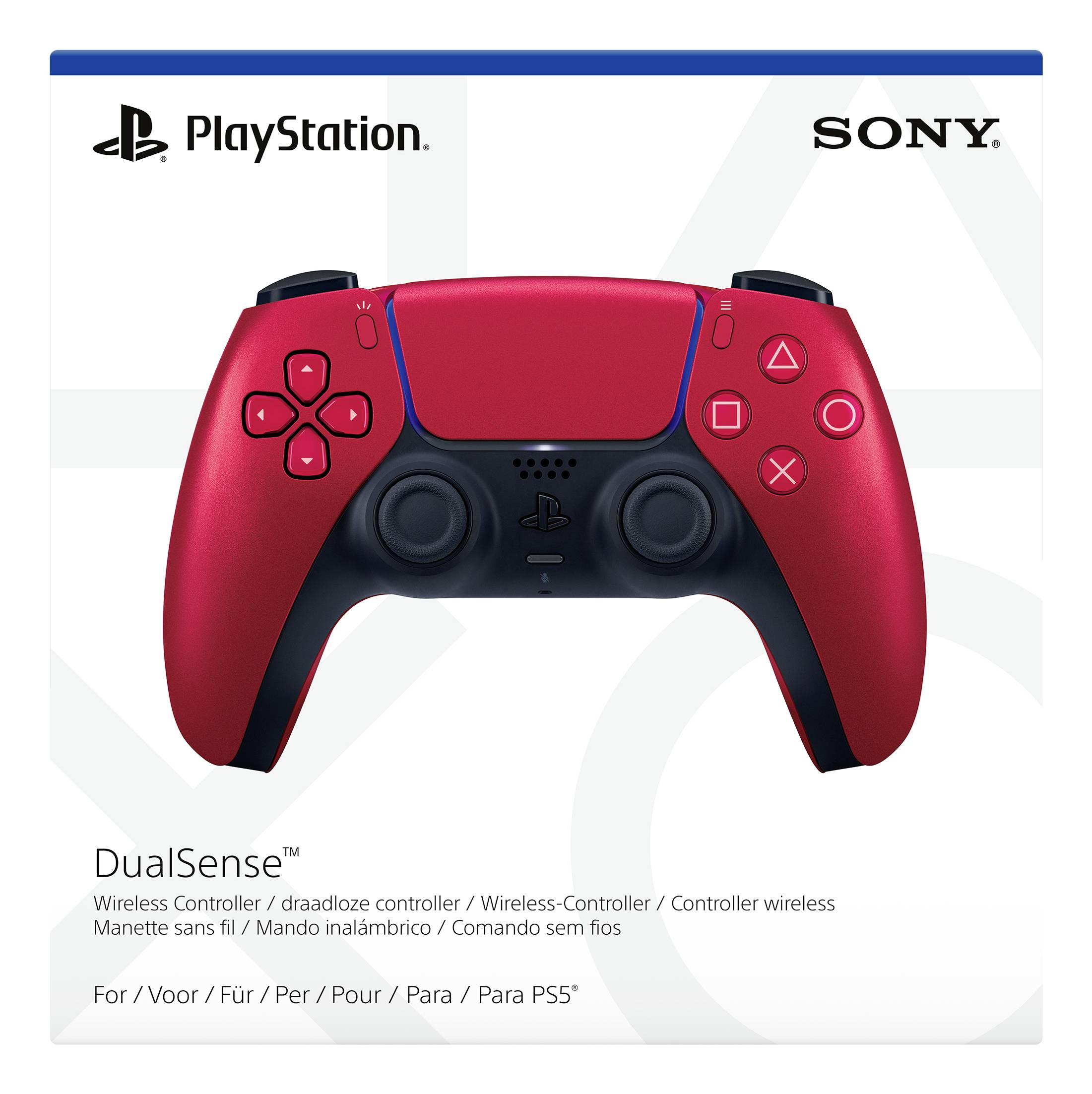 Un controller wireless PlayStation DualSense rosso. Contiene i loghi di PlayStation e Sony. Compatibile con PS5.