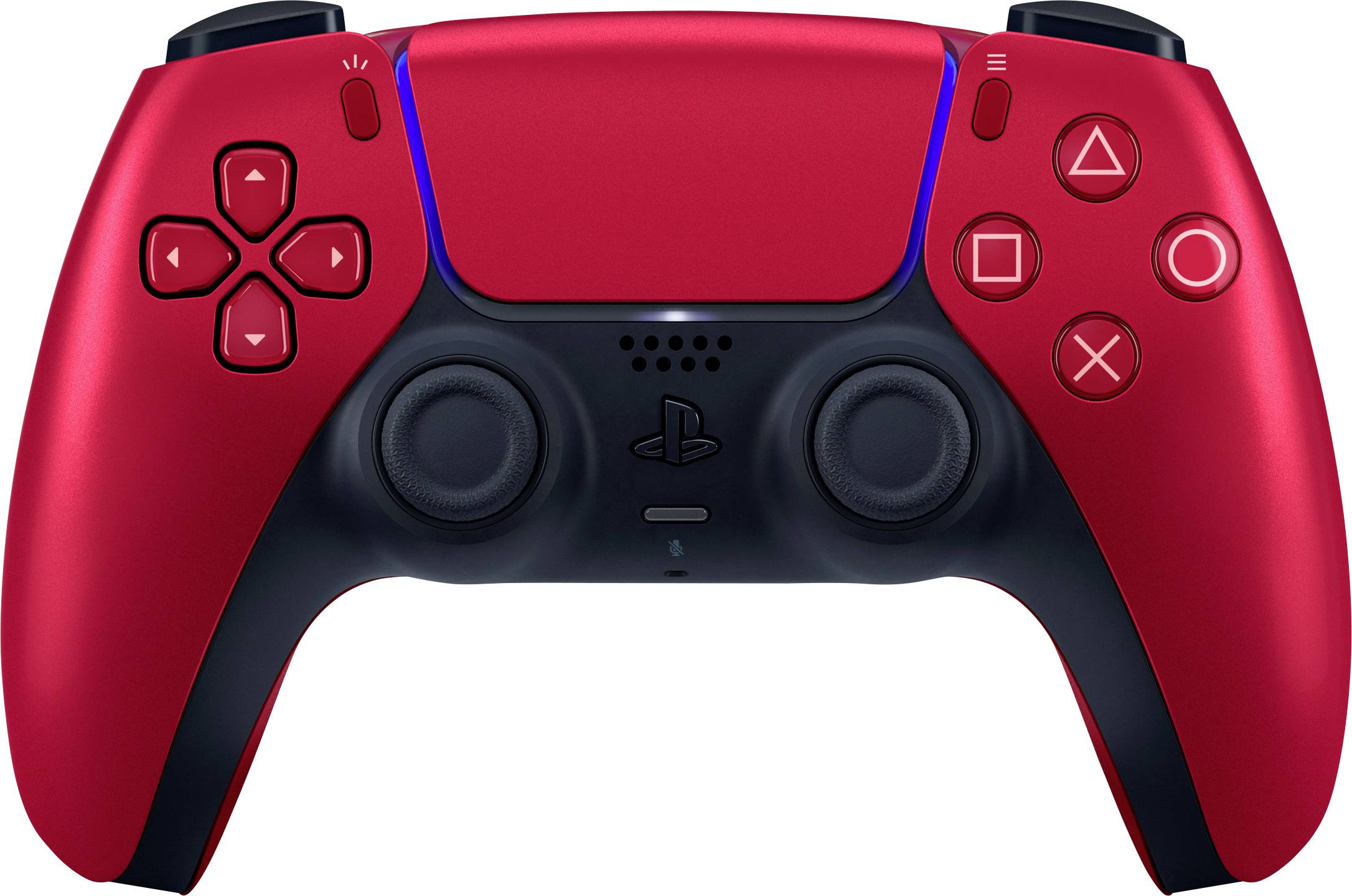Un controller rosso con pulsanti di controllo classici come Cerchio, Croce, Quadrato e Triangolo, e due levette analogiche in primo piano.