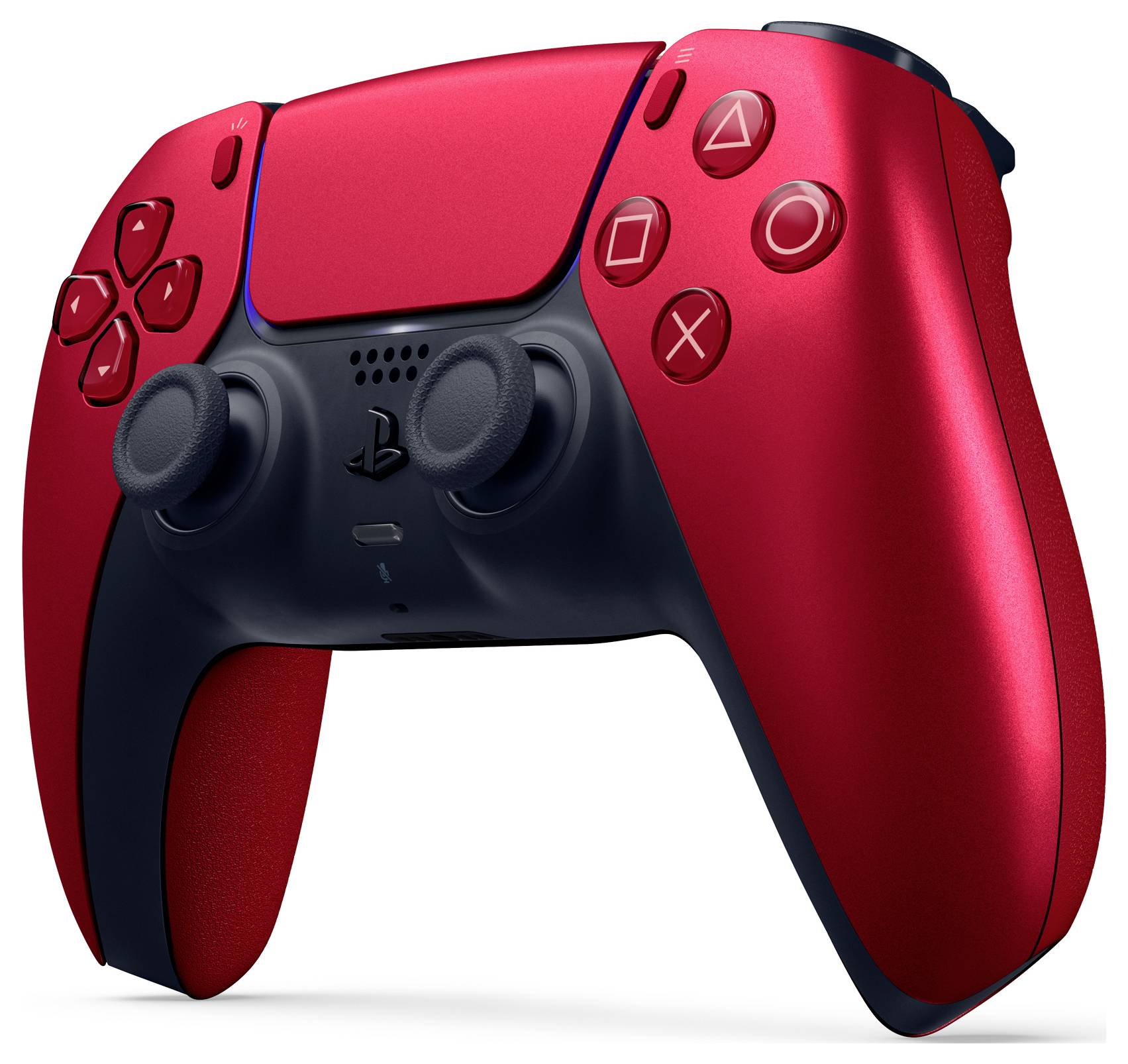 Un controller da gaming rosso con dettagli neri e due analogici.