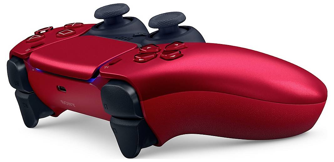 Un controller da gaming rosso con due joystick e diversi pulsanti, su uno sfondo bianco.