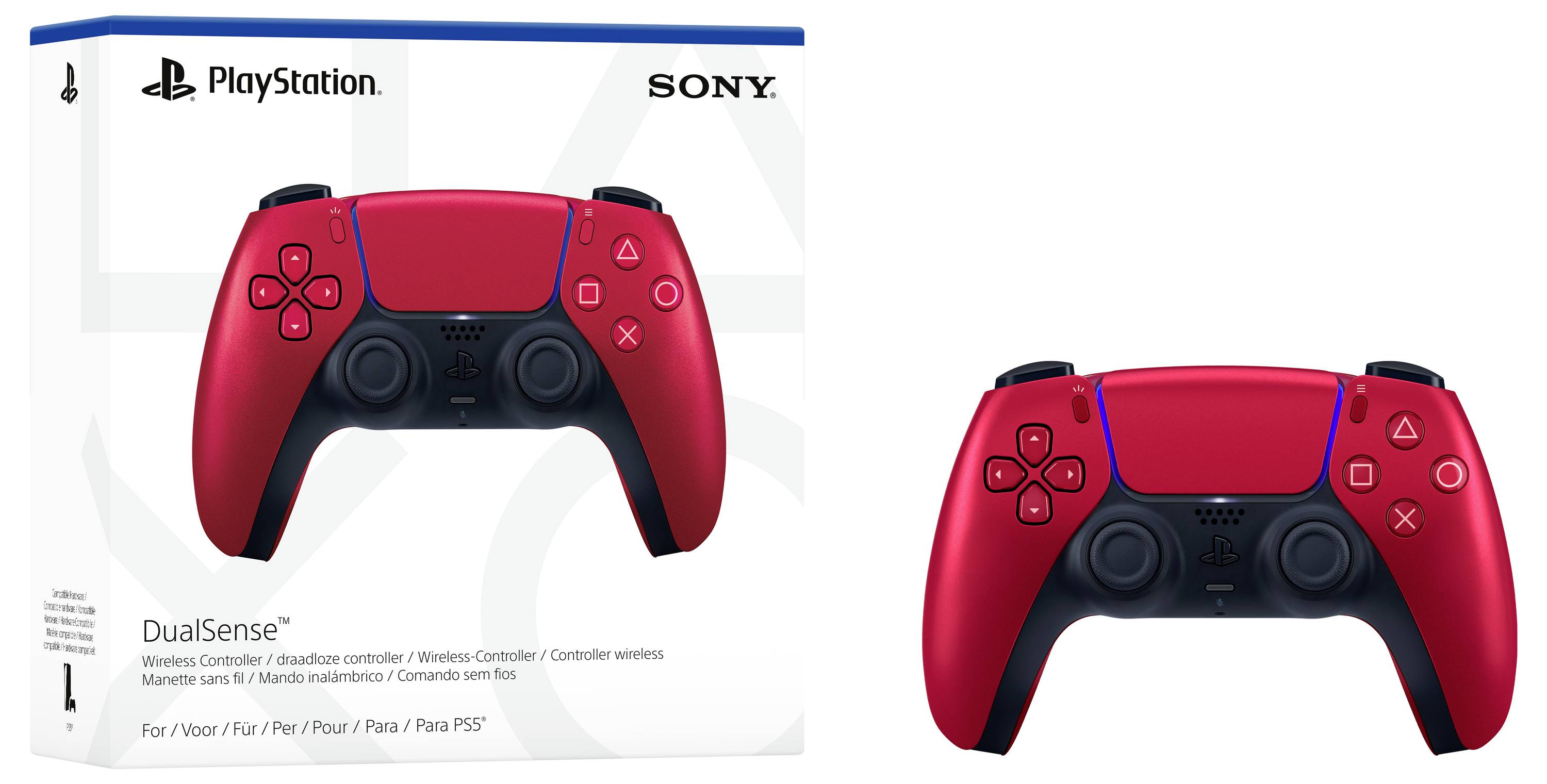 Controller rosso e nero DualSense di PlayStation davanti a una confezione dal design simile. I loghi del marchio PlayStation e Sony sono visibili.