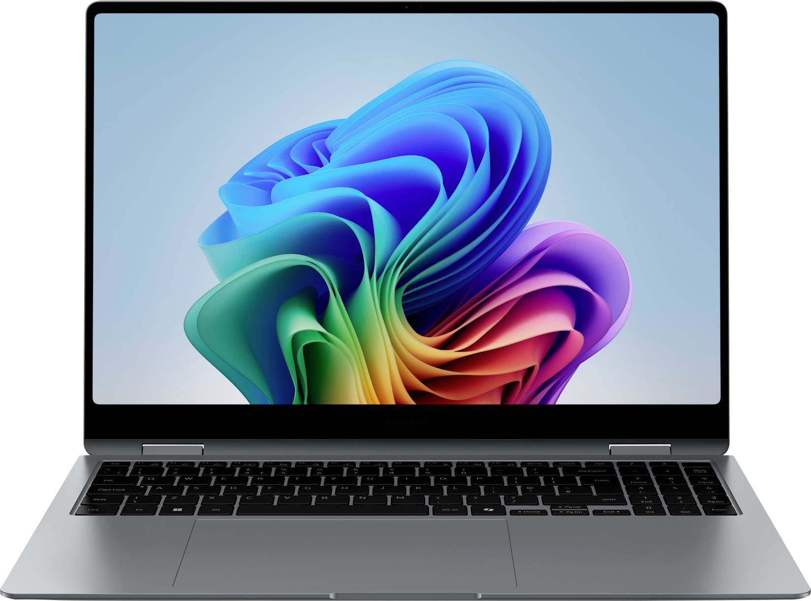 Un laptop con uno sfondo schermo colorato e astratto. Il laptop è aperto, mostrando la tastiera e il display.