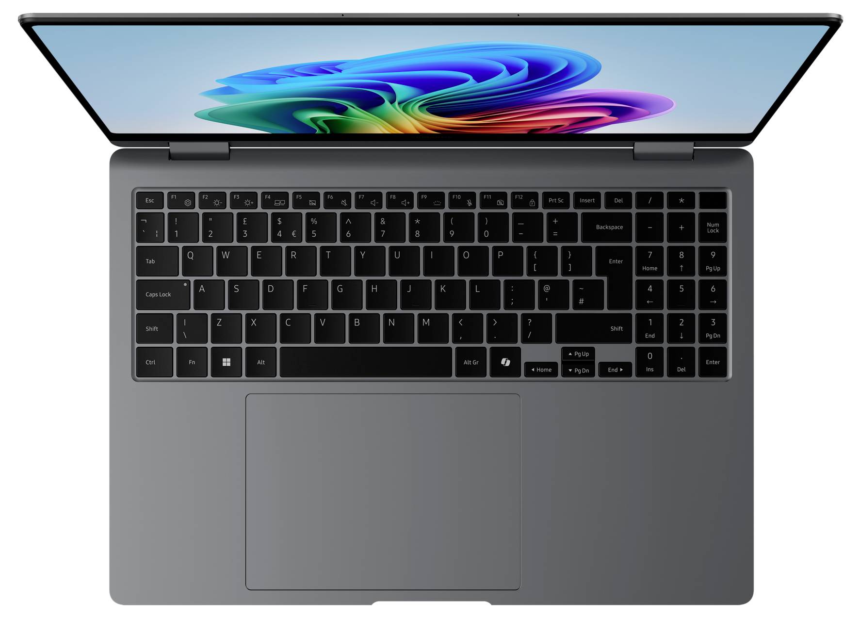 Un laptop visto dall'alto, con una schermata colorata e aperta. La tastiera è visibile con un ampio trackpad sottostante.