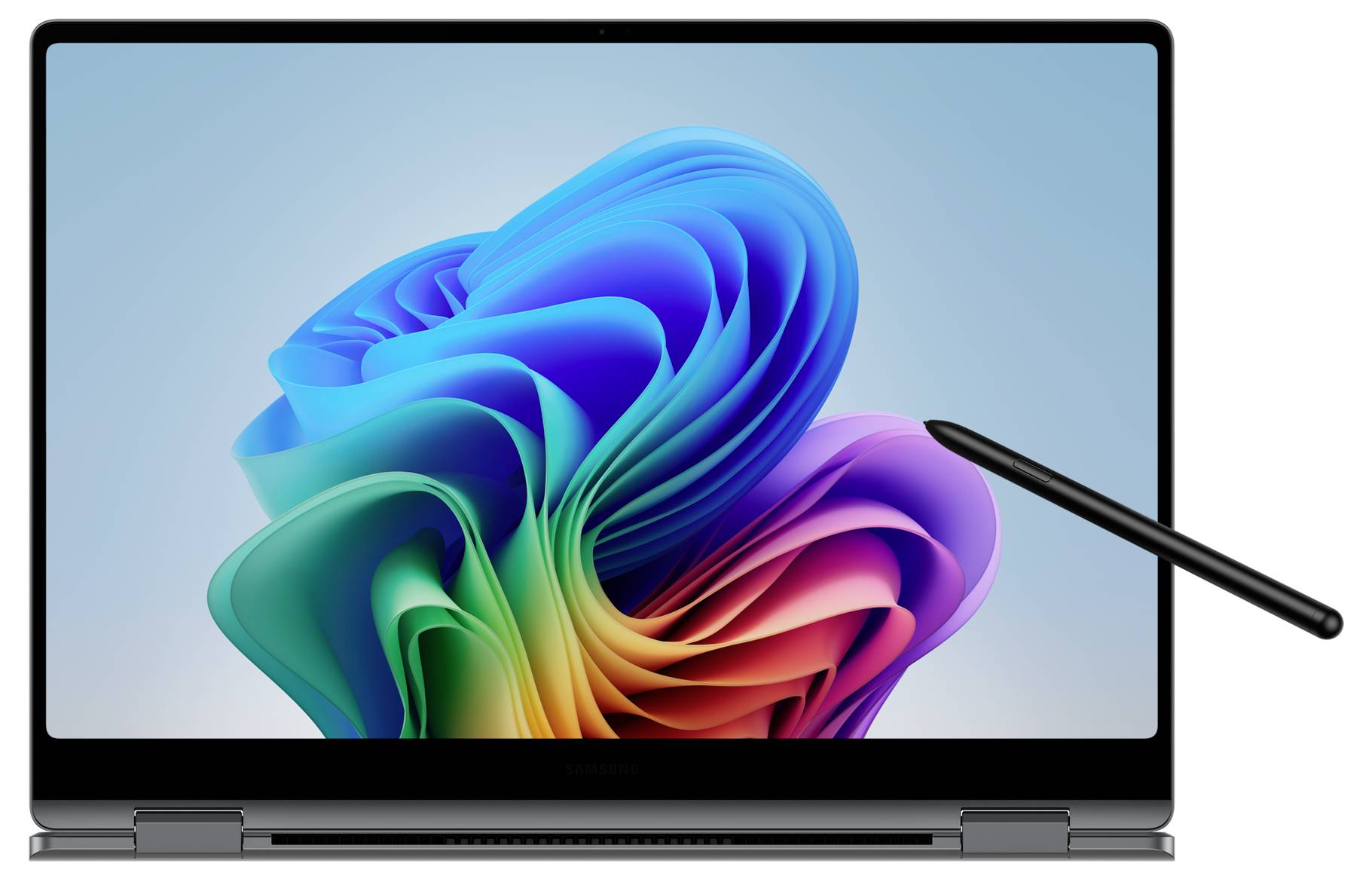 Un laptop con una penna digitale accanto mostra uno sfondo astratto e colorato sul suo schermo.