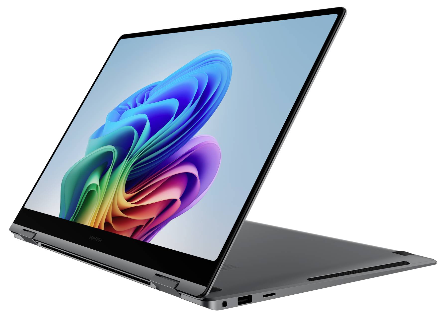 Un laptop moderno grigio con un'immagine astratta vivace sullo schermo. Il dispositivo è rappresentato leggermente aperto.